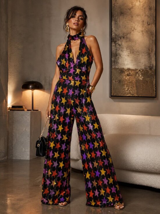 Smak Parlour Pants - Smak Parlour Sequin Halter Jumpsuit | Open Back | Size Large | Retro Disco Glam